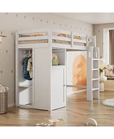 Simplie Fun Twin Loft Bed With Wardrobe, Storage Shelves And Ladder, White