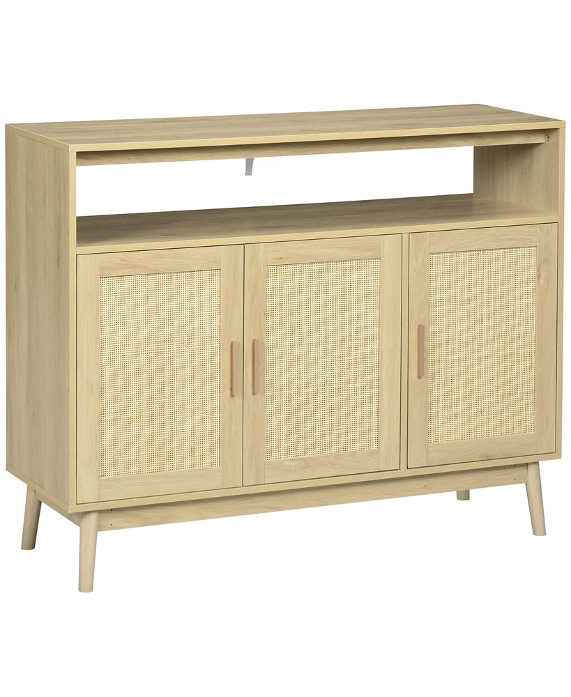 Homcom Kitchen Sideboard Boho Buffet Cabinet with 3 Rattan Doors and Adjustable Shelf