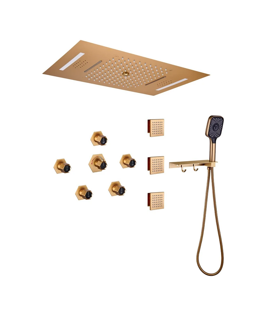 Mondawe 22" Ceiling Mounted Luxury Led Shower System Set with Handheld Spray, 3 Body Jets & Remote Control, Brushed Gold