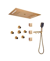 Mondawe 22" Ceiling Mounted Luxury Led Shower System Set with Handheld Spray, 3 Body Jets & Remote Control, Brushed Gold