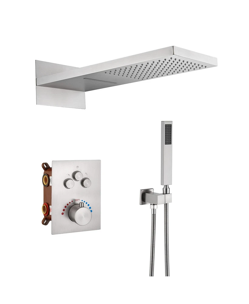 Mondawe 22" Wall Mounted Thermostatic Shower System Set with Handheld Spray, Brushed Nickel