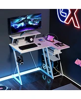 Costway L-Shaped Gaming Desk with Outlets & Usb Ports Monitor Shelf Headphone Hook