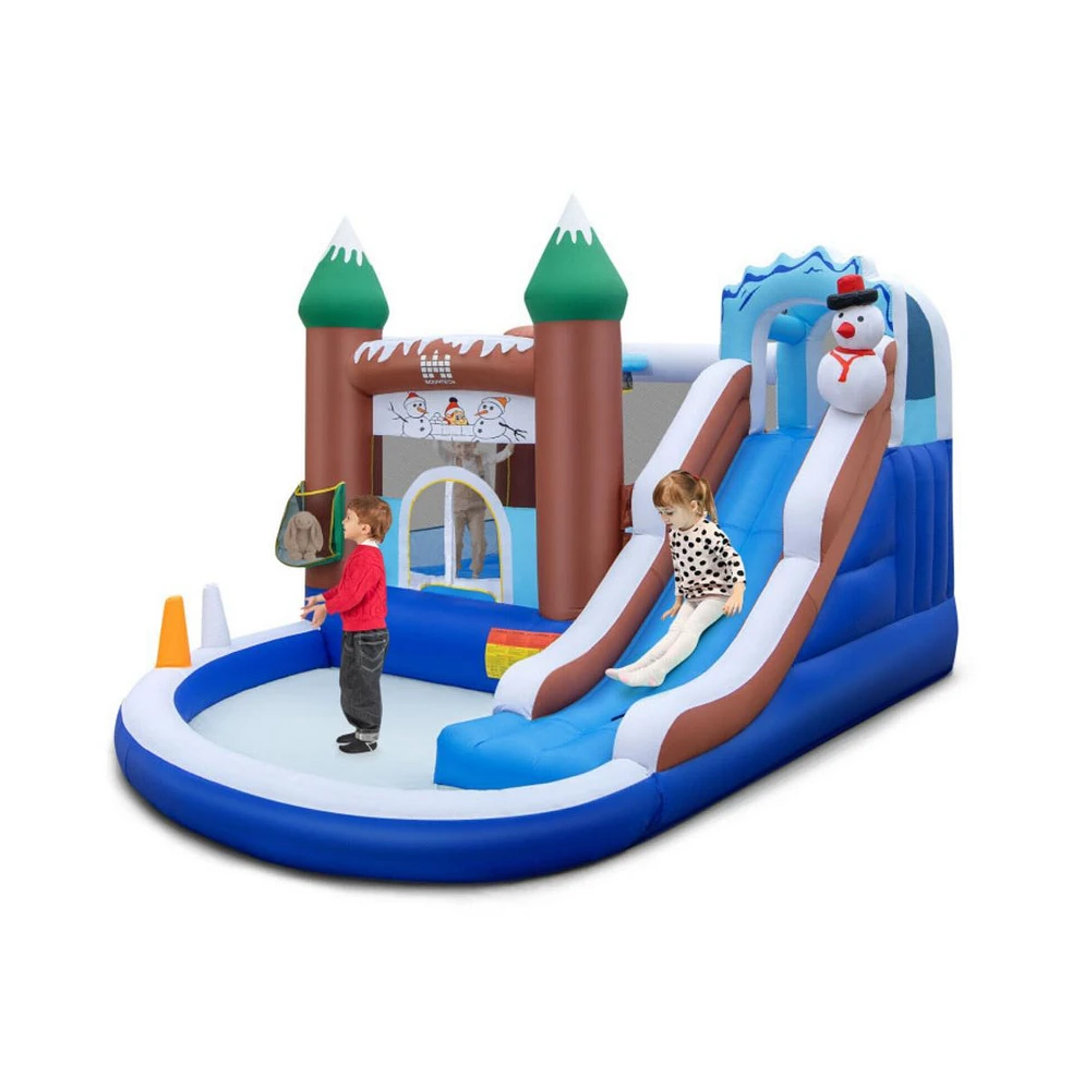 Slickblue 6-in-1 Winter Theme Snowman Inflatable Castle with Slide and Trampoline without Blower