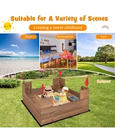 Slickblue Kids Wooden Sandbox with Bottom Liner and Red Flags