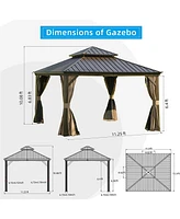 Mondawe 12x12ft Hardtop Gazebo, Outdoor Aluminum Frame Canopy with Galvanized Steel Double Roof, Outdoor Permanent Metal Pavilion with Curtains and Ne