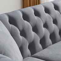 Grey Velvet Tufted 3-Seater Sofa with Pillows