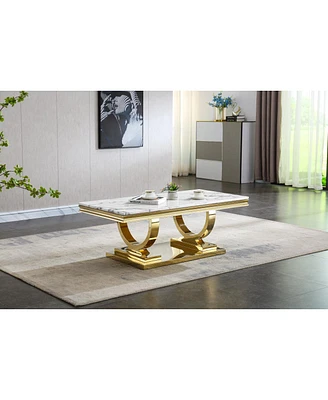 Streamdale Furniture Modern Rectangular Marble Coffee Table, 0.71 Thick Marble Top, U-Shaped Stainless Steel