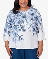 Alfred Dunner Plus Size Classic Floral Shimmer Three Quarter Sleeve Top