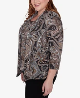 Alfred Dunner Plus Size Classic Metallic Paisley Two In One Top With Necklace