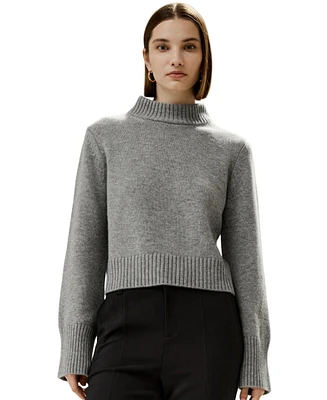 Ribbed Collar and Hemline Wool Cashmere Sweater for Women