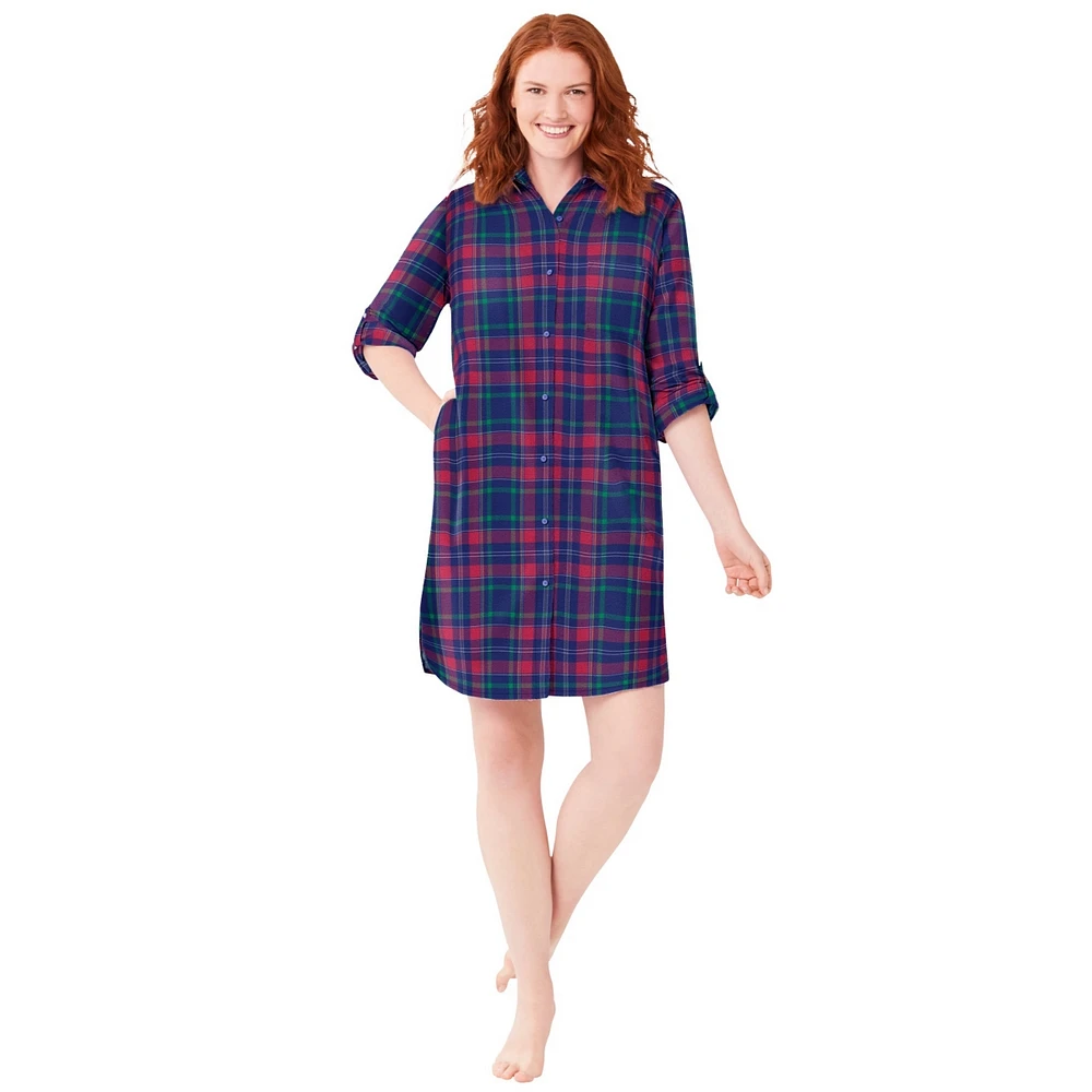 Dreams & Co. Women's Plaid Flannel Button-Front Sleepshirt