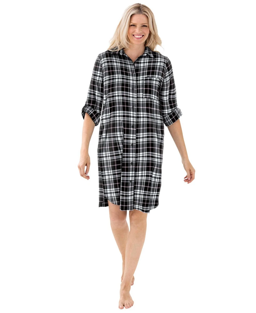 Dreams & Co. Plus Sleepshirt Plaid Flannel With Button Front