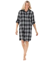 Dreams & Co. Plus Sleepshirt Plaid Flannel With Button Front