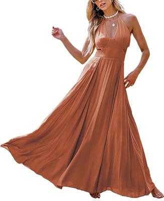 Cupshe Women's Brick Red Plunging Halterneck Cutout Maxi Beach Dress