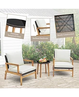 Costway 3 Pcs Outdoor Furniture Set with Cushioned Chairs and Tempered Glass Side Table