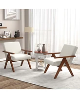 Costway 2 Pcs Modern Accent Chair Linen Fabric Armchair with Solid Acacia Wood Frame