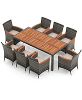 Costway 9 Pieces Outdoor Wicker Dining Set with Acacia Wood Table and 8 Armchairs