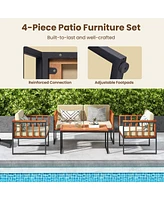 Costway 4 Pcs Acacia Wood Outdoor Sofa Set with Heavy Duty Metal Frame Soft Seat