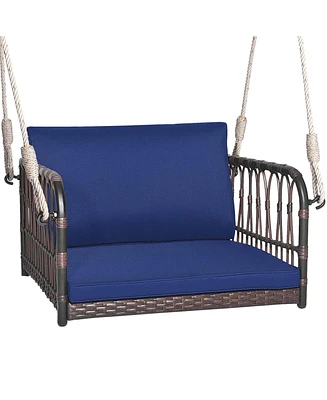 Costway Porch Swing Chair Rattan Woven Hanging Bench Seat with Cushions Hooks Balcony Navy
