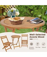 Costway 3 Pcs Folding Patio Bistro Set Solid Acacia Wood Table & Chairs Slatted Tabletop