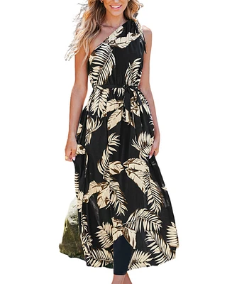 Cupshe Women's Tropical Leaf Print Ruched One-Shoulder Beach Dress