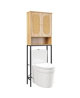 Slickblue Over The Toilet Storage Cabinet with Rattan Doors and Shelves-Natural