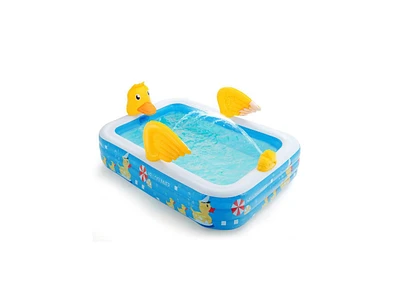 Slickblue Inflatable Swimming Pool Duck Themed Kiddie Pool with Sprinkler for Age Over 3-Blue