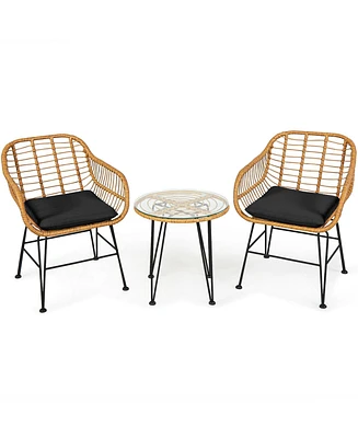Slickblue 3 Pieces Rattan Furniture Set with Cushioned Chair Table