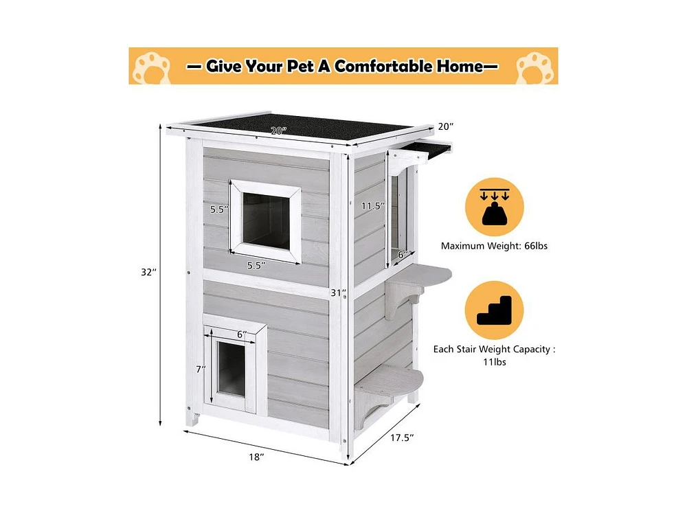Slickblue 2-Story Wooden Cat House with Escape Door Rainproof