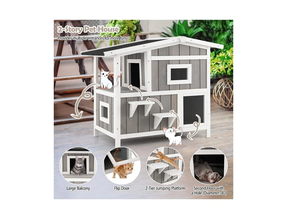 Slickblue Outdoor 2-Story Wooden Feral Cat House with Escape Door-Gray