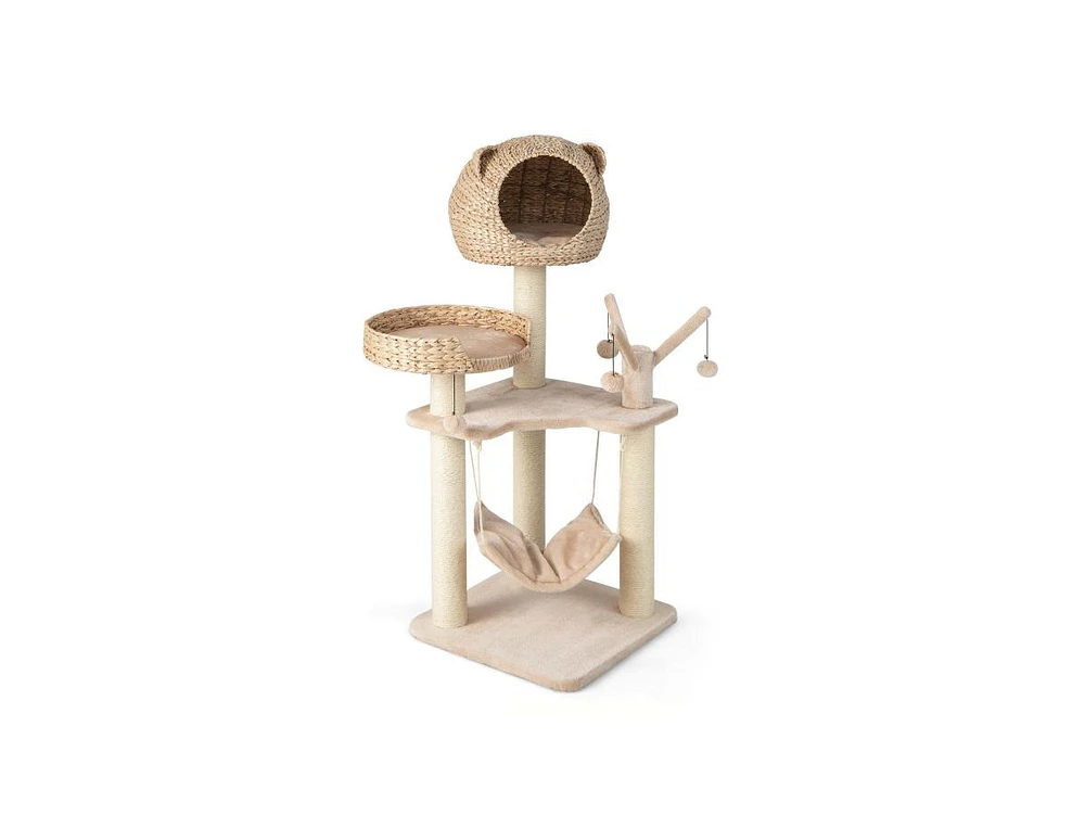 Slickblue Multi-Level Cat Tree with Condo Hammock and Rotatable Hanging Balls-Natural