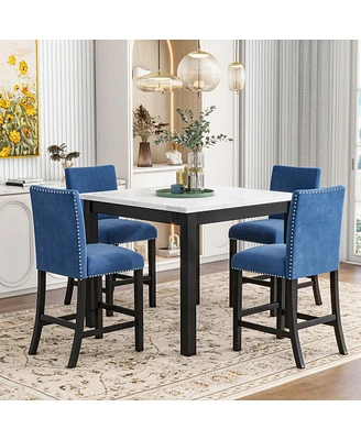 Simplie Fun 5-Piece Counter Height Dining Table Set - Blue Velvet Chairs