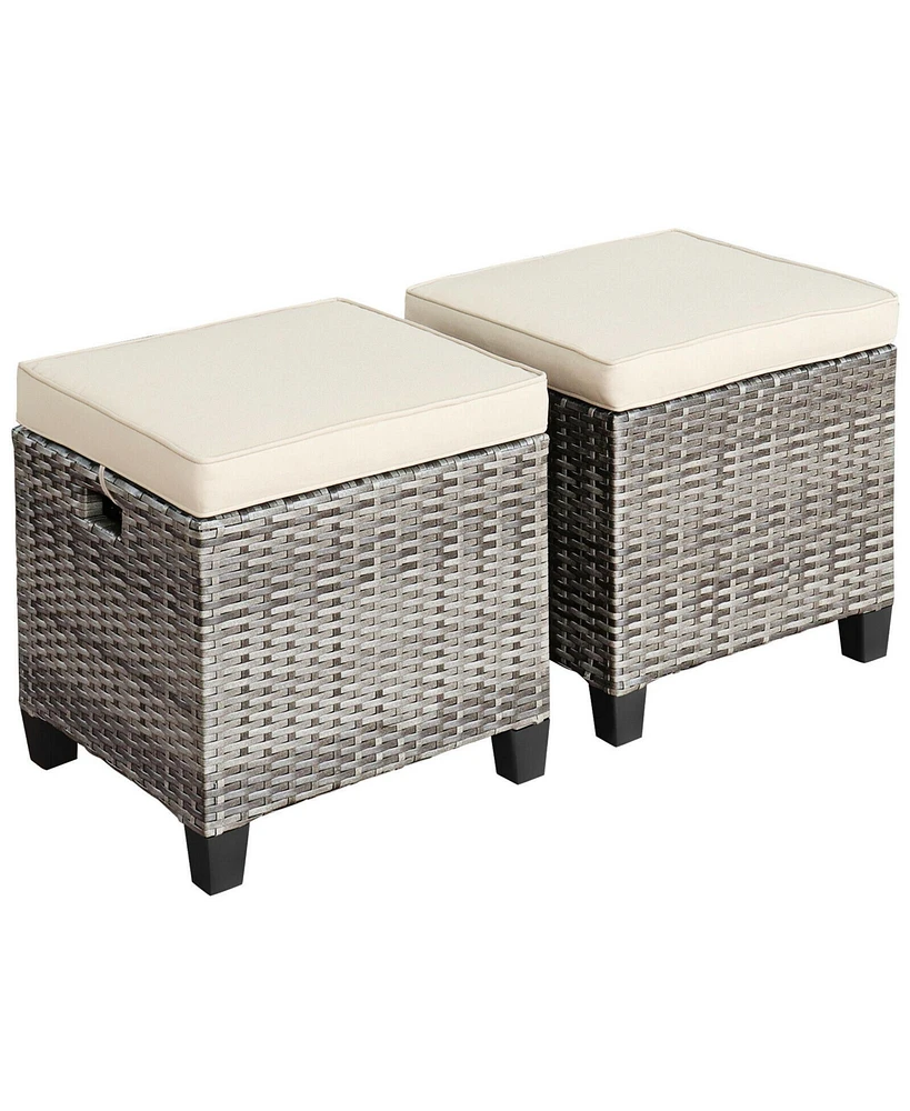 Gymax Set of 2 Rattan Patio Ottoman Footrest Wicker Footstool w/ Beige Cushions