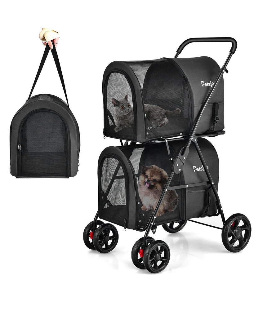 Sugift 4-in-1 Double Pet Stroller with Detachable Carrier and Travel Carriage-Black