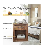 Sugift Compact Nightstand with Drawer and Open Compartment-Brown