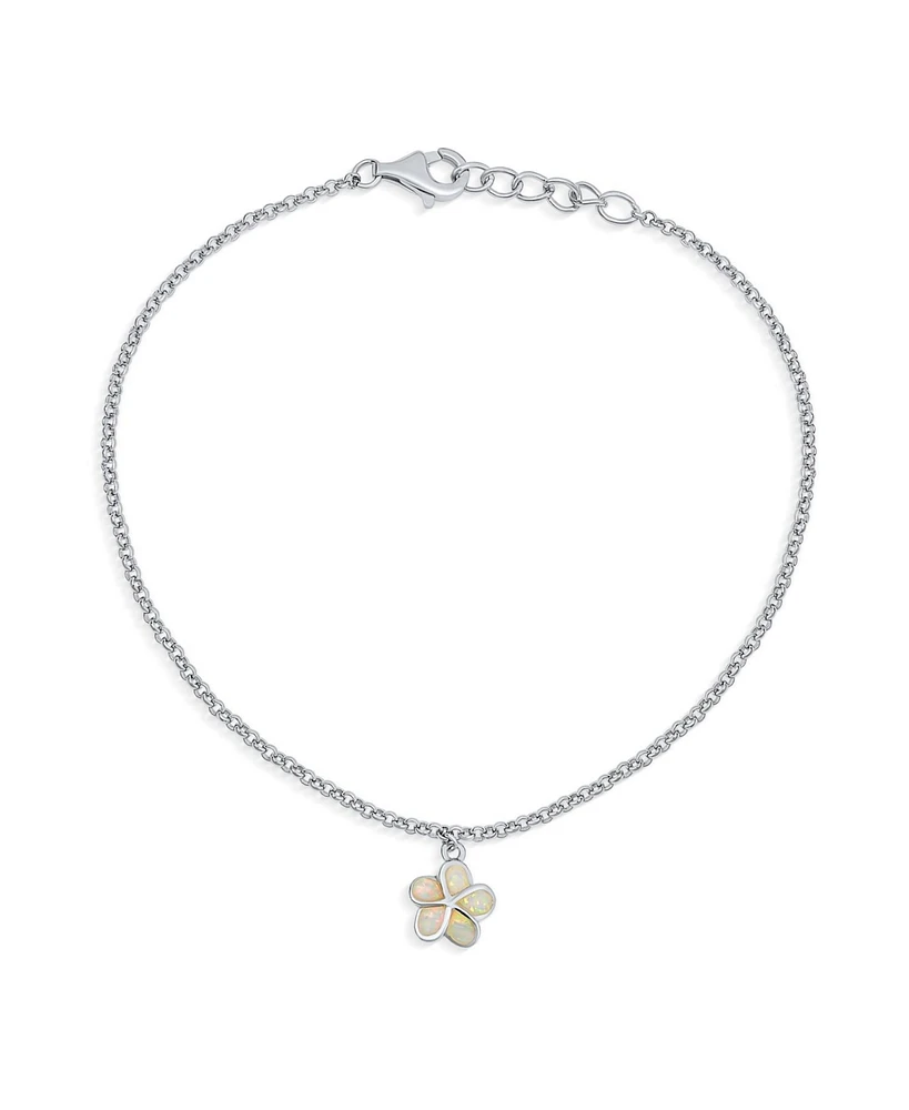 Bling Jewelry Created White Synthetic Opal Inlay Plumeria Flower Anklet Link Chain Ankle Bracelet For Women Sterling Silver Adjustable