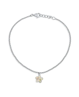 Bling Jewelry Created White Synthetic Opal Inlay Plumeria Flower Anklet Link Chain Ankle Bracelet For Women Sterling Silver Adjustable