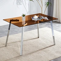 Simplie Fun Rectangular Glass Dining Table, Brown Tempered Glass, Silver Legs, 51"x31.5"x29.5"