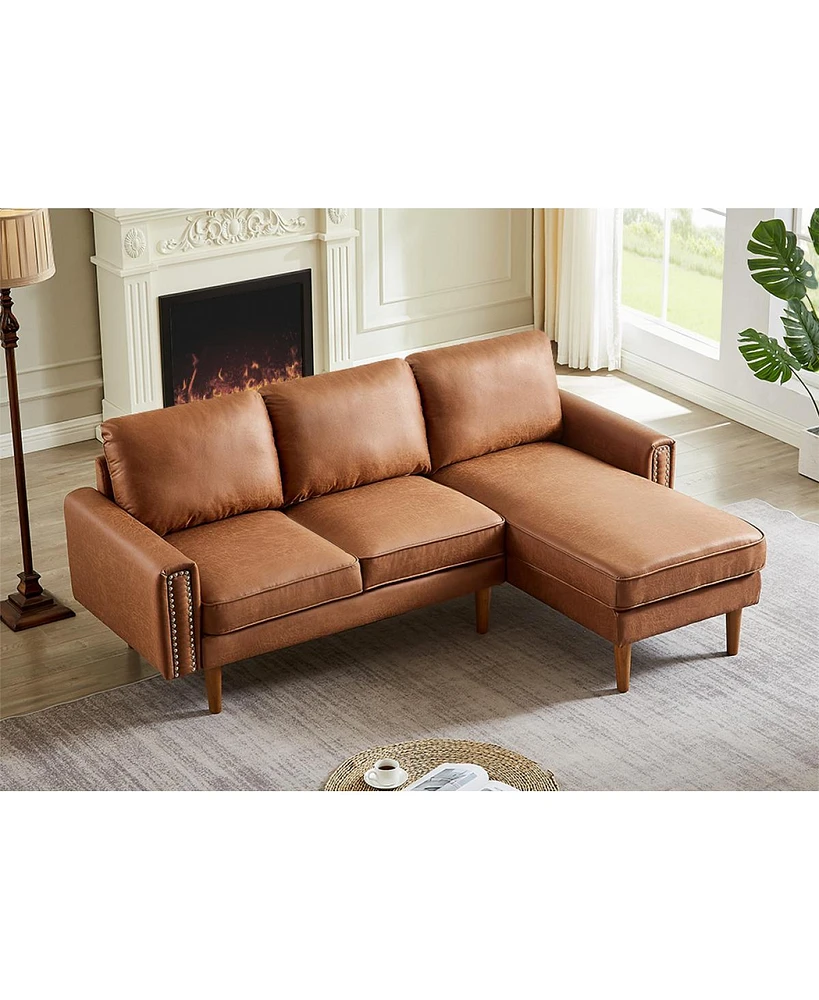 Streamdale Furniture 82.2"L-Shape Sofa Couch With Chaise Mid-Century Copper Nail Right Chaise, Brown