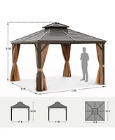 Mondawe 12 ft. x 12 ft. Weatherproof Canopy Dark Brown Aluminium Alloy Gazebo with Netting and Brown Curtains