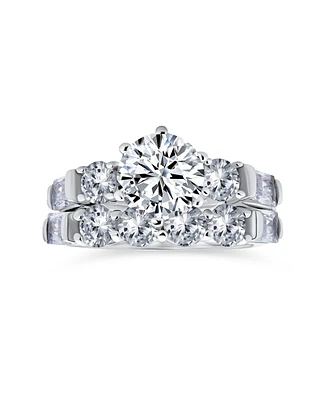 Bling Jewelry Classic Cathedral 6 Prong Baguette Side Stones Cubic Zirconia Cz Round 2 Ct Solitaire Anniversary Engagement Wedding Band Ring Set Sterl