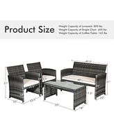 Sugift 4 Pieces Patio Rattan Furniture Set with Glass Table and Loveseat