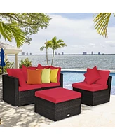 Sugift 4 Pcs Ottoman Garden Deck Patio Rattan Wicker Furniture Set Cushioned Sofa