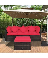 Sugift 4 Pcs Ottoman Garden Deck Patio Rattan Wicker Furniture Set Cushioned Sofa