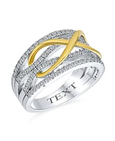 Bling Jewelry Two Tone Micro Pave Cz Accent Cubic Zirconia Crossover Intertwined Wide Statement Infinity Ring For Women Gold Plated Sterling Silver