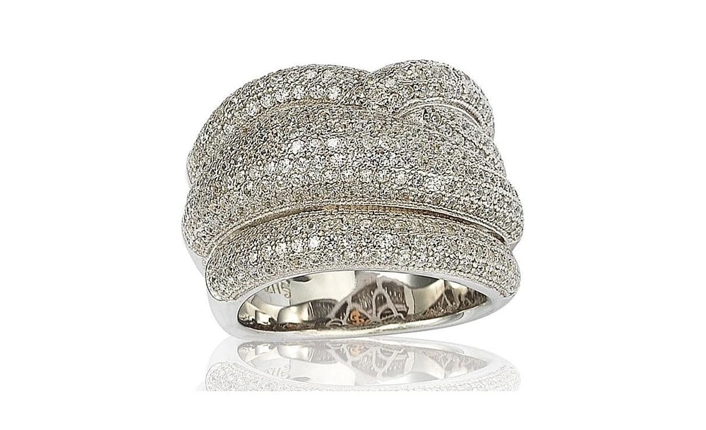 Suzy Levian New York Sterling Silver Cubic Zirconia Pave Puff Crossover Wide Band Ring