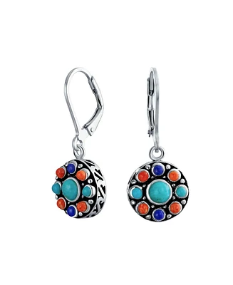 Bling Jewelry Multi Stone Lapis Natural Turquoise Orange Coral Medallion Dangle Earrings For Women Oxidized Sterling Silver Lever Back