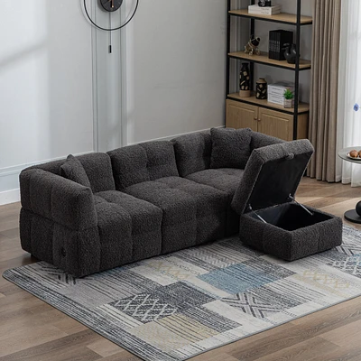 87.7" Sectional Sofa Cozy Teddy Fleece Fabric Sectional Sofa Couch With Two Usb Ports