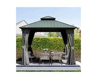 Mondawe Outdoor 10 x 10 ft Hardtop Gazebo Aluminum Frame Permanent Galvanized Steel Double Roof Canopy with Curtain and Netting Parties, Wedding, Outd