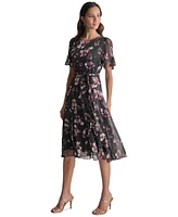 Dkny Women's Floral Flutter-Sleeve Belted Dress